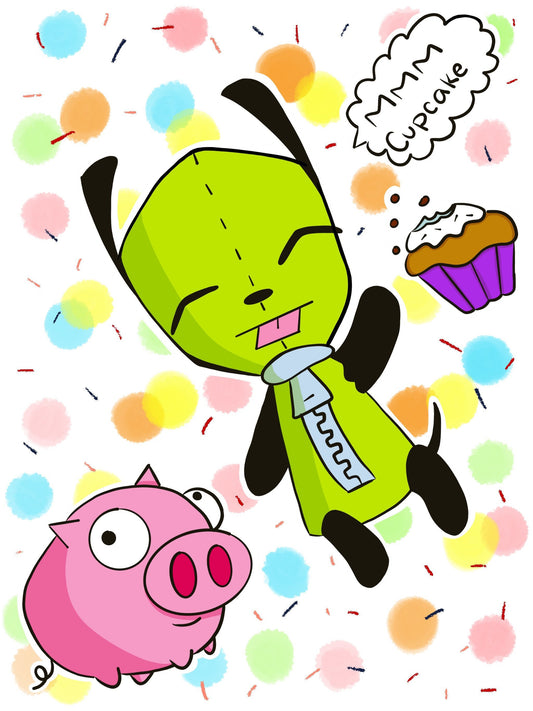 Gir with cupcake and Pig Sticker Sheet